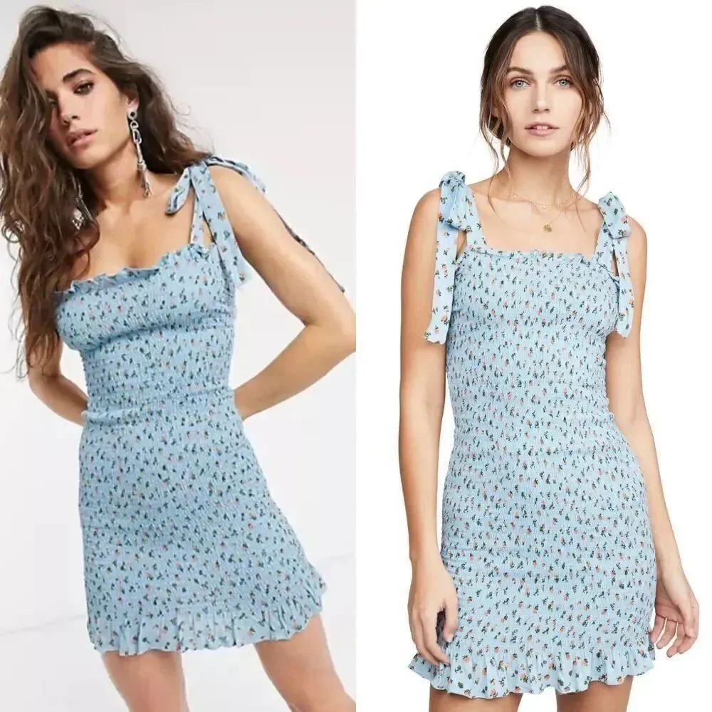 NWOT Free People bella smocked printed slip dress in sky blue M